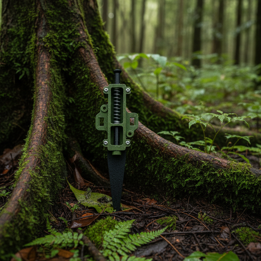 trip wire perimeter alarm OD green and black in forest
