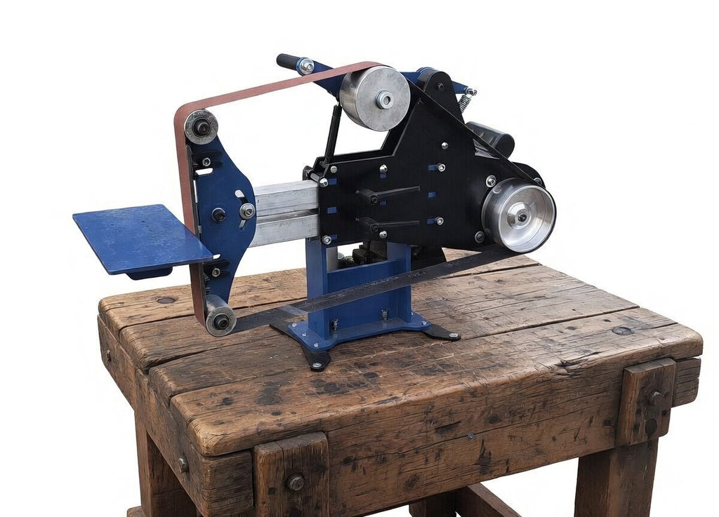 blue grinder on work bench