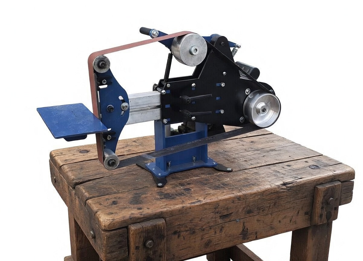 blue grinder on work bench